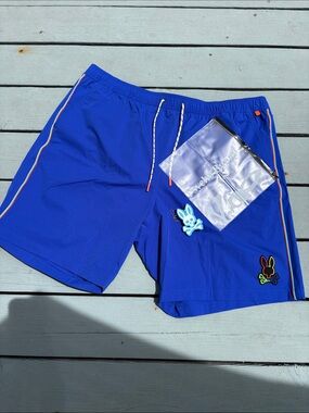 Psycho Bunny Men's Electric Blue Swim Trunks with Orange Trim